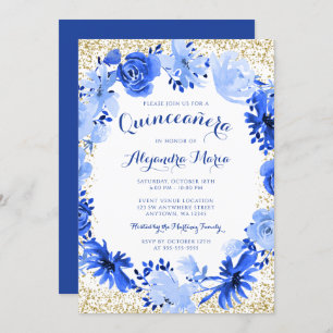 Royal Blue Watercolor Floral Gold Quinceanera Einladung