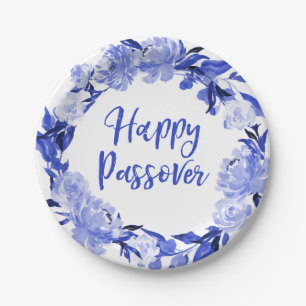 Royal Blue Watercolor Floral Happy Pessach Pappteller