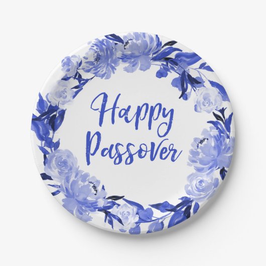 Royal Blue Watercolor Floral Happy Pessach Pappteller (Vorderseite)