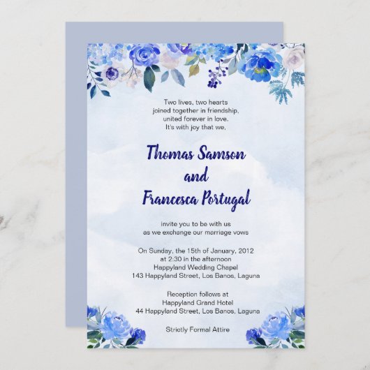 Royal Blue Watercolor Floral Wedding Einladung (Vorne/Hinten)