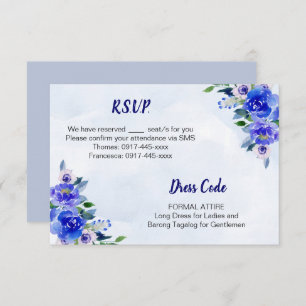 Royal Blue Watercolor Floral Wedding RSVP Card Einladung