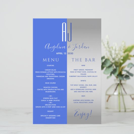 Royal Blue Wedding Bar Menu (Stehend Vorderseite)