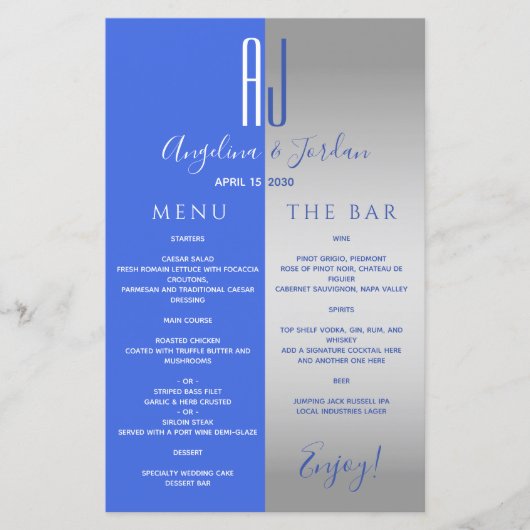 Royal Blue Wedding Bar Menu (Vorderseite)