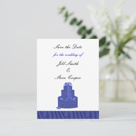 Royal Blue Wedding Cake Save the Date (Stehend Vorderseite)