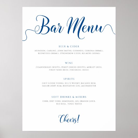 Royal Blue Wedding Drinks Menu Poster (Vorne)
