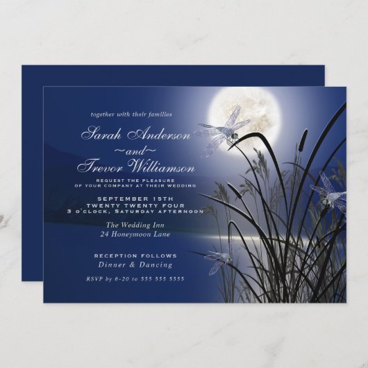 Royal Blue Wedding Full Moon Dragonfly Pond Einladung (Vorne/Hinten)
