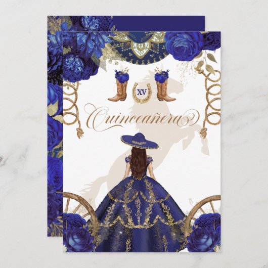 Royal Blue Western Charro 2-seitige Quinceanera Einladung (Vorne/Hinten)