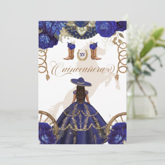Royal Blue Western Charro 2-seitige Quinceanera Einladung (Stehend Vorderseite)