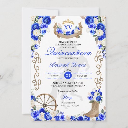 Royal Blue Western Cowgirl Quinceañera Einladung (Vorderseite)