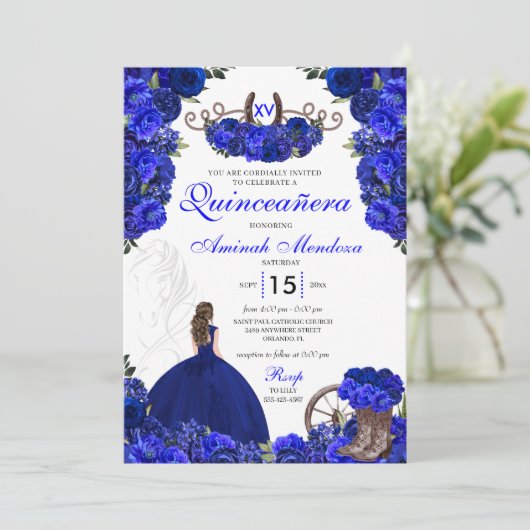 Royal Blue Western Princess Charro Quinceanera Einladung (Stehend Vorderseite)