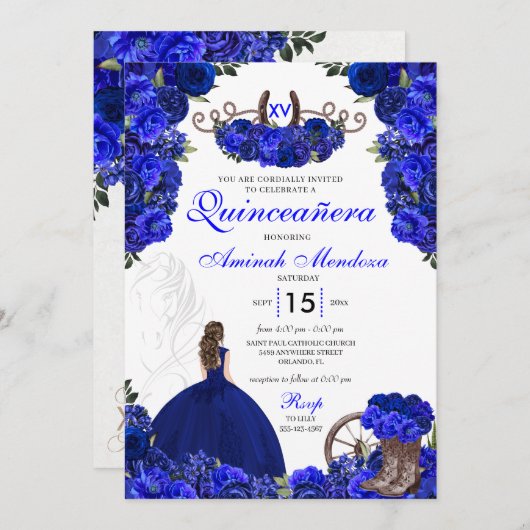 Royal Blue Western Princess Charro Quinceanera Einladung (Vorne/Hinten)