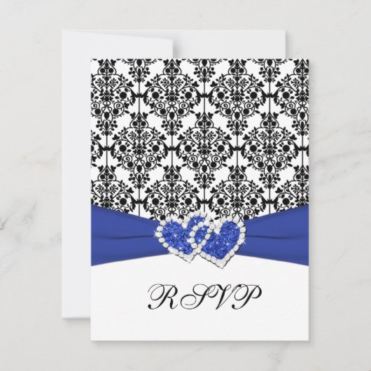 Royal Blue, White, Black Damask & Hearts RSVP Card (Vorderseite)
