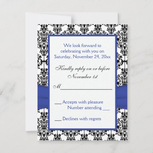 Royal Blue, White, Black Damask & Hearts RSVP Card (Rückseite)