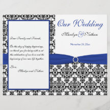 Royal Blue, White, Black Damask Wedding Program