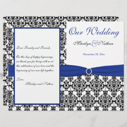 Royal Blue, White, Black Damask Wedding Program (Vorne/Hinten)