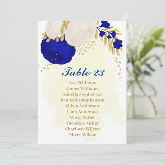 Royal Blue & White Blume Gold-Sitzkarte Einladung (Stehend Vorderseite)