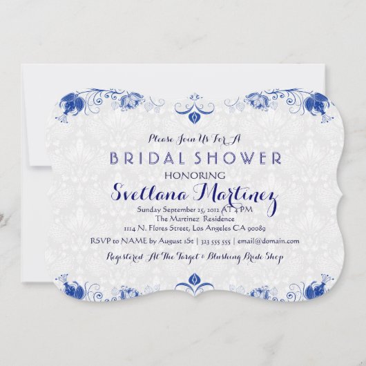Royal Blue & White Damask Brautparty Einladung 2 (Vorderseite)