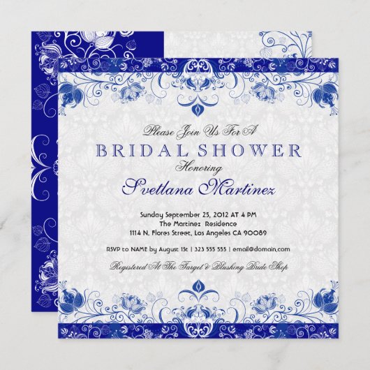 Royal Blue & White Damask Bridal Dusche Einladung (Vorne/Hinten)