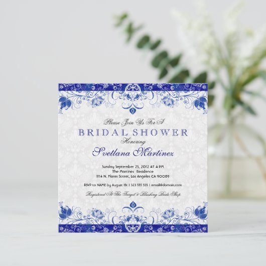 Royal Blue & White Damask Bridal Dusche Einladung (Stehend Vorderseite)