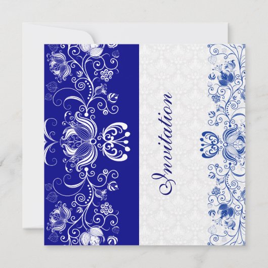 Royal Blue & White Damask Bridal Dusche Einladung (Rückseite)