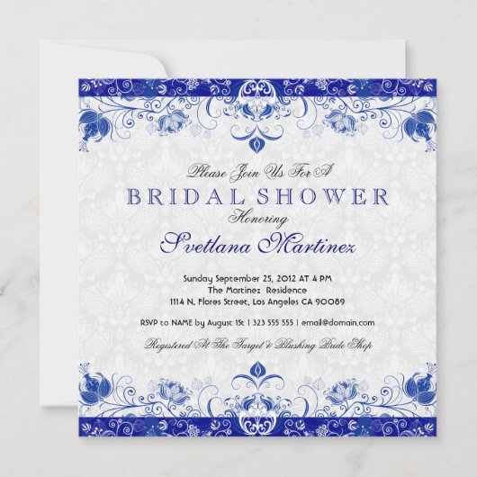 Royal Blue & White Damask Bridal Dusche Einladung (Vorderseite)
