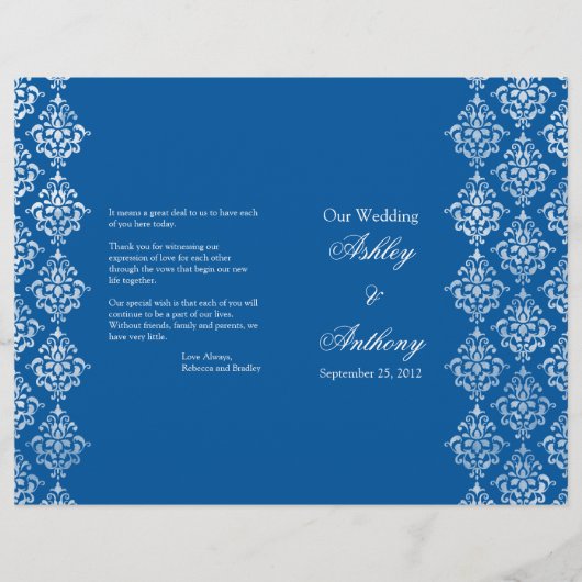 Royal Blue White Damask Foldable Wedding Program (Vorderseite)