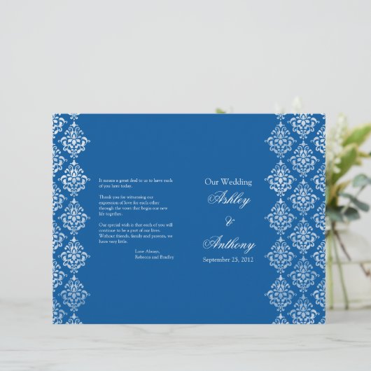 Royal Blue White Damask Foldable Wedding Program (Stehend Vorderseite)