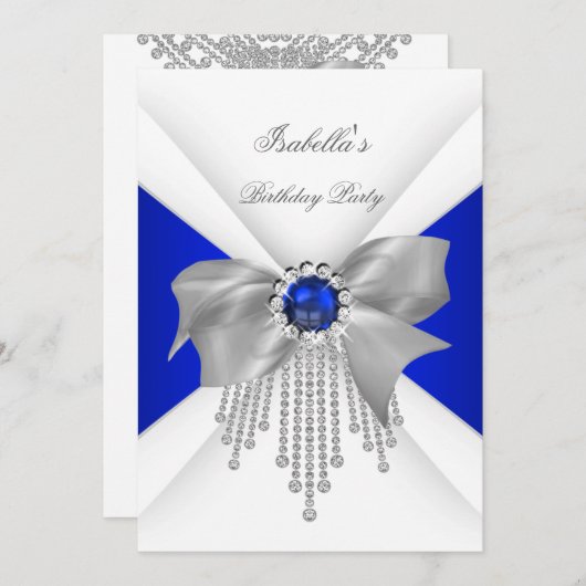 Royal Blue White Diamond Pearl Birthday Party Einladung (Vorne/Hinten)