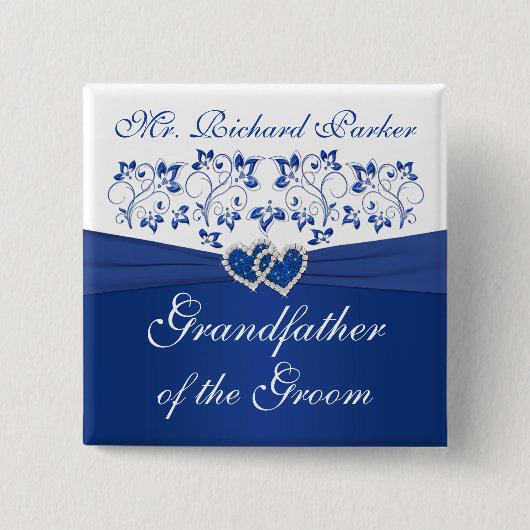 Royal Blue White Floral Großvater des Grooms Button (Vorderseite)