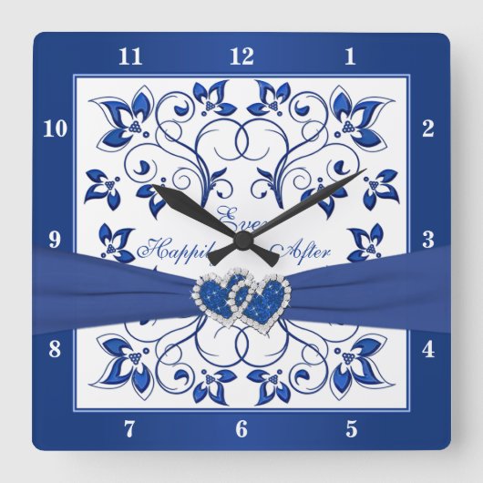 Royal Blue, White Floral Heart glücklich immer nac Quadratische Wanduhr (Vorderseite)