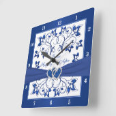 Royal Blue, White Floral Heart glücklich immer nac Quadratische Wanduhr (Winkel)