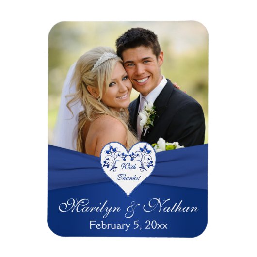 Royal Blue White Floral Heart Wedding Foto Magnet (Vertikal)