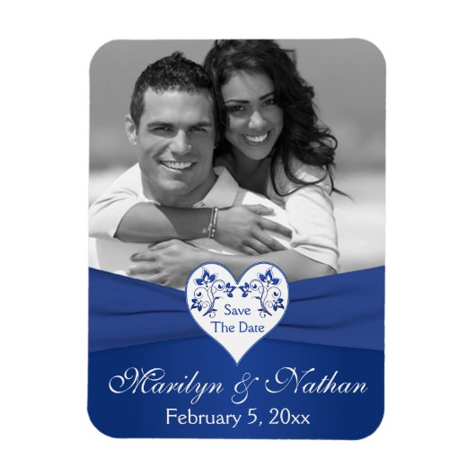 Royal Blue White Floral Heart Wedding Foto Magnet (Vertikal)