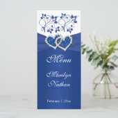 Royal Blue, White Floral Joined Hearded Card Menükarte (Stehend Vorderseite)