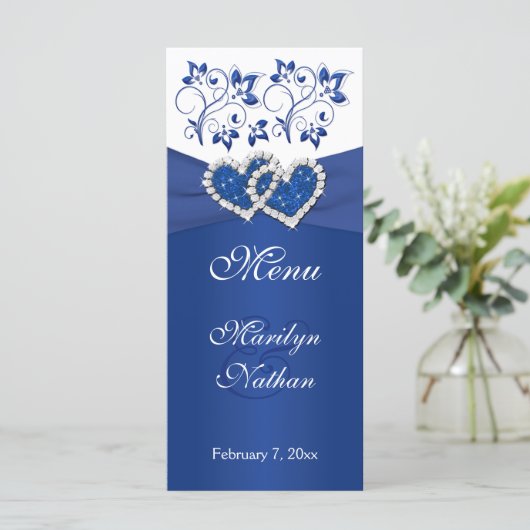Royal Blue, White Floral Joined Hearded Card Menükarte (Stehend Vorderseite)