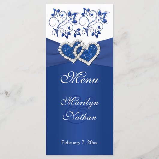 Royal Blue, White Floral Joined Hearded Card Menükarte (Vorderseite)