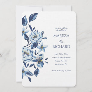 Royal Blue White Floral Monogram Wedding Einladung