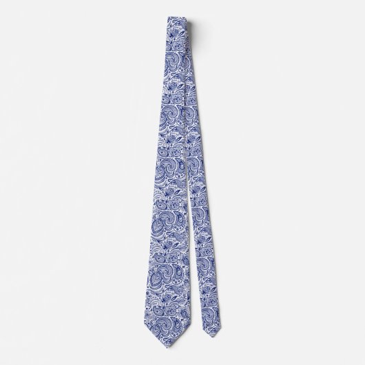 Royal Blue & White Floral Paisley Muster Krawatte (Vorderseite)