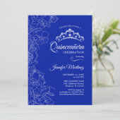 Royal Blue White Floral Quinceanera Party Einladung (Stehend Vorderseite)