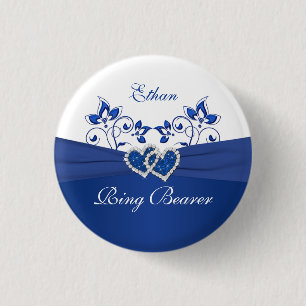 Royal Blue, White Floral Ring Bearer Button