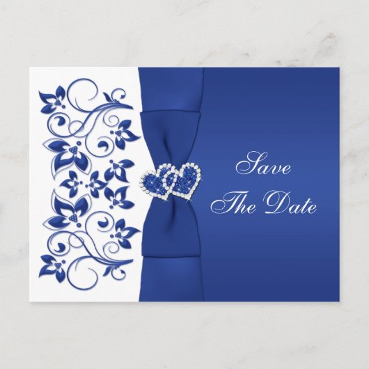 Royal Blue, White Floral Save the Date Post Card Ankündigungspostkarte (Vorderseite)