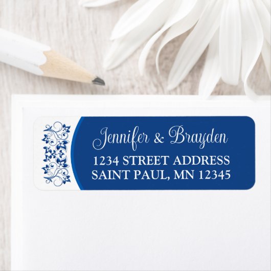 Royal Blue, White Floral Wedding Address Label (Insitu)