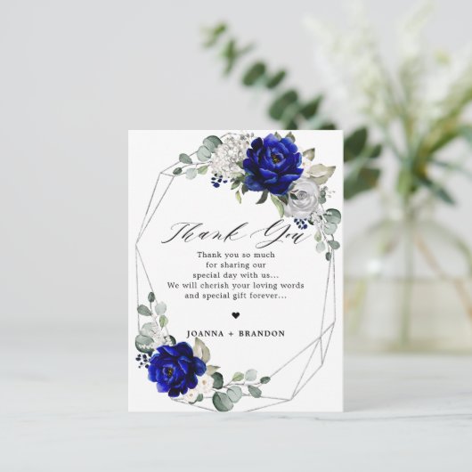 Royal blue white Geometric Wedding Danke Yo Postkarte (Stehend Vorderseite)