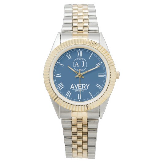 Royal Blue White Leather Custom Monogram Classic  Armbanduhr (Vorderseite)