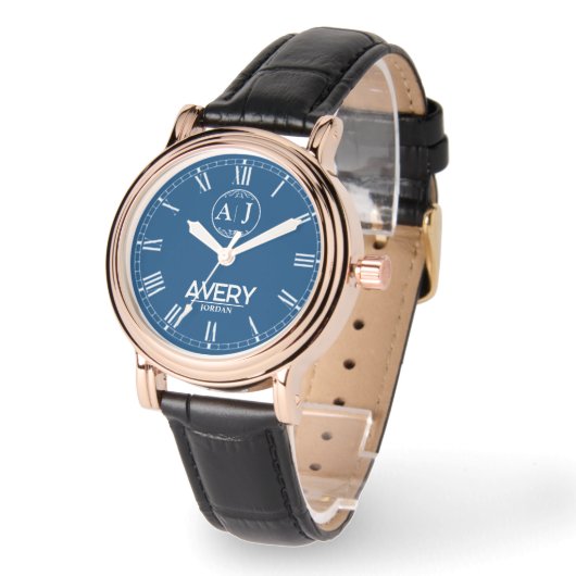 Royal Blue White Leather Custom Monogram Classic  Armbanduhr (Winkel)