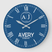 Royal Blue White Leather Custom Monogram Classic  Große Wanduhr (Vorderseite)
