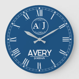 Royal Blue White Leather Custom Monogram Classic  Große Wanduhr