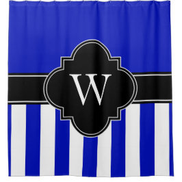 Royal Blue White LG Strip 1ICBR Black Monogram Duschvorhang