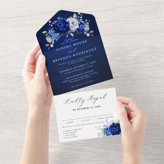 Royal Blue White Metallic Floral Wedding Al All In One Einladung (Abreißen)