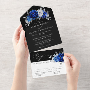 Royal Blue White Metallic Floral Wedding Al All In One Einladung